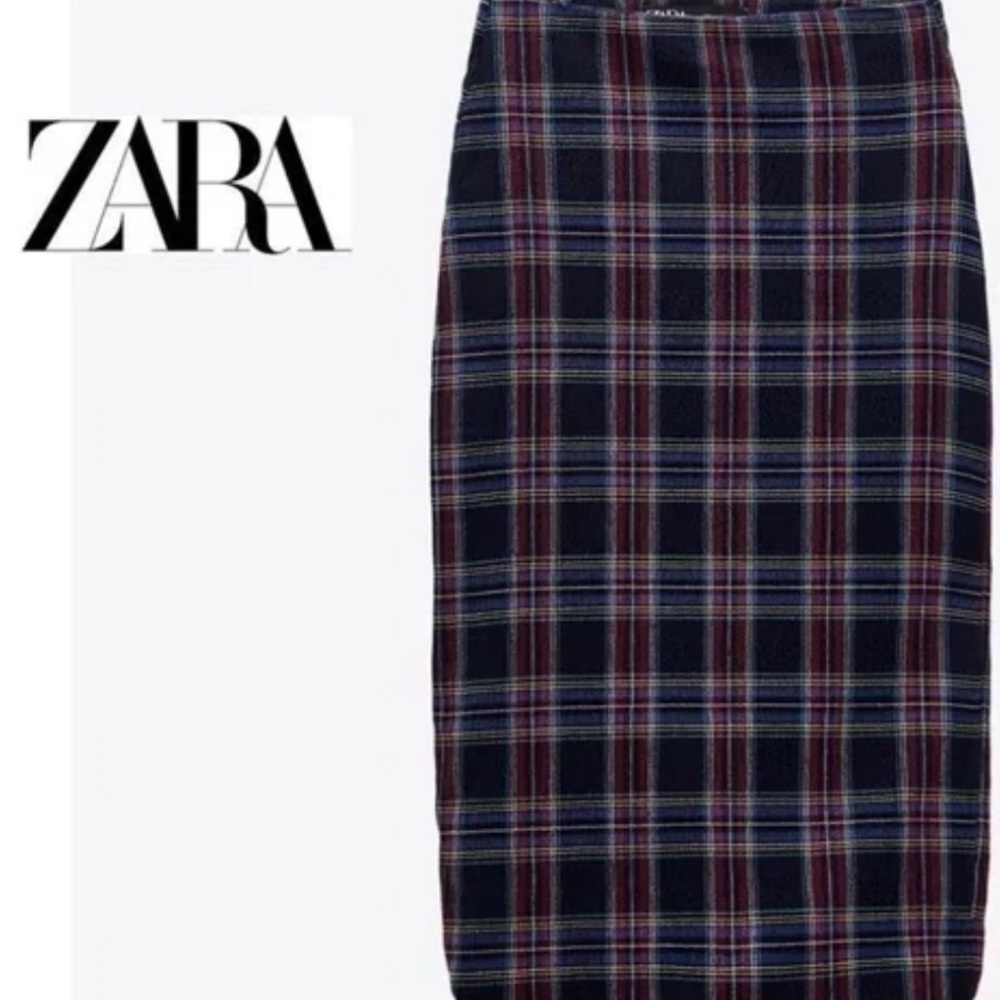 Zara Plaid Tartan Tattersall Bubble Hem Midi Skirt  M office chic fall winter